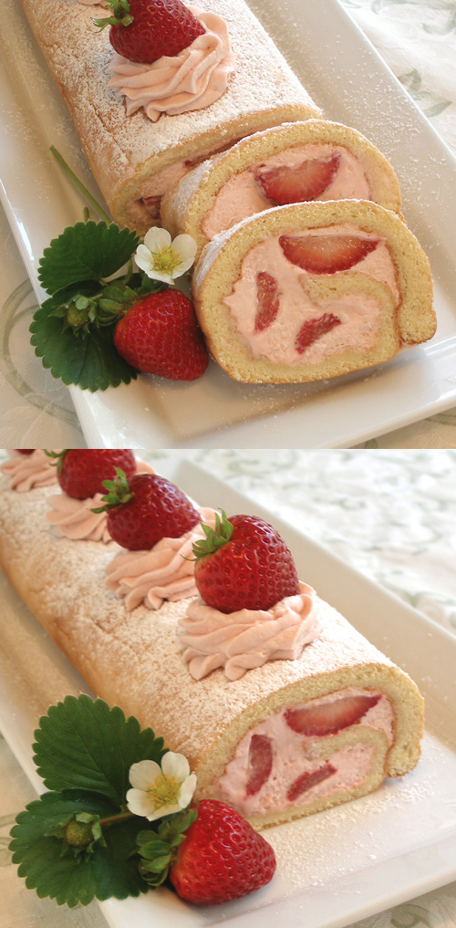 strawberry roulade with strawberry whipped cream filling
