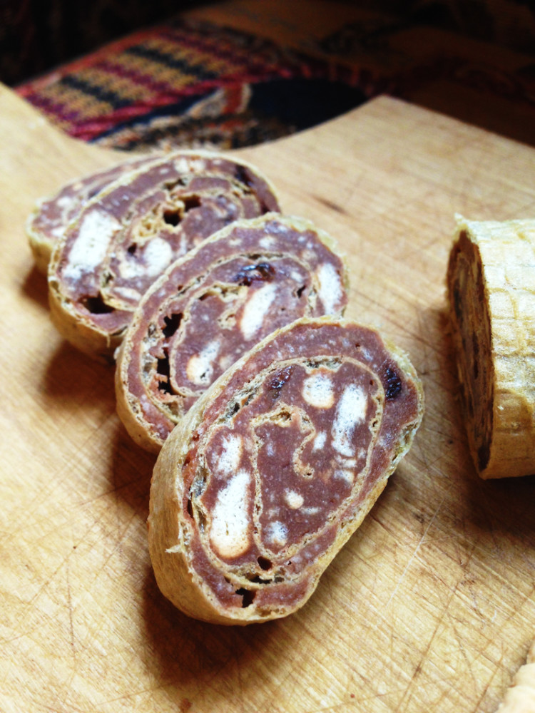 Chocolate Rum Salami with Petite Beurre Cookies, Dark Chocolate, and